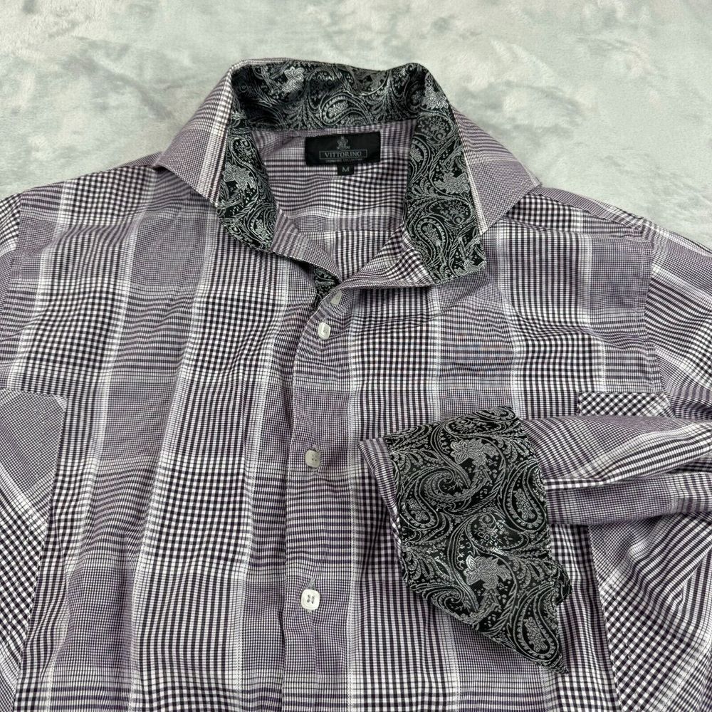 Vittorino Shirt Mens Medium Purple Plaid Button Up Flip Cuff Club Dance